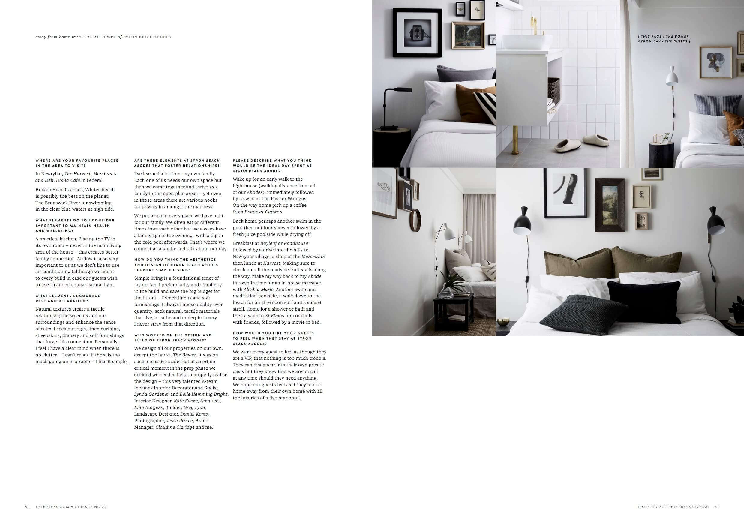 The Bower Byron Bay and Byron Beach Abodes featured in Fete Press Magazine