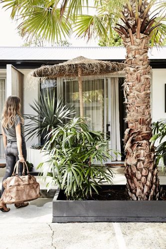 Entrance to The Bower Suites with tall palm trees and fringed umbrella, The Bower Byron Bay
