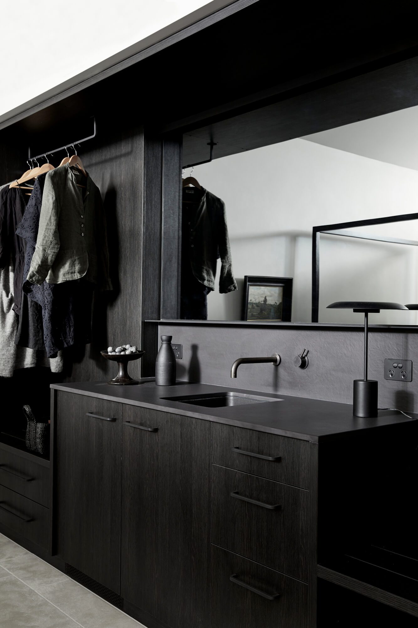 Kitchenette and open hanging wardrobe space at the Bower Studios at The Bower Byron Bay hotel