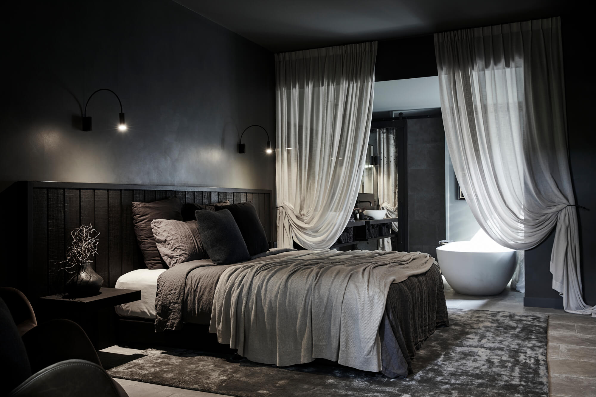 Open plan bedroom and ensuite at the Deluxe King Rooms at The Bower Byron Bay hotel