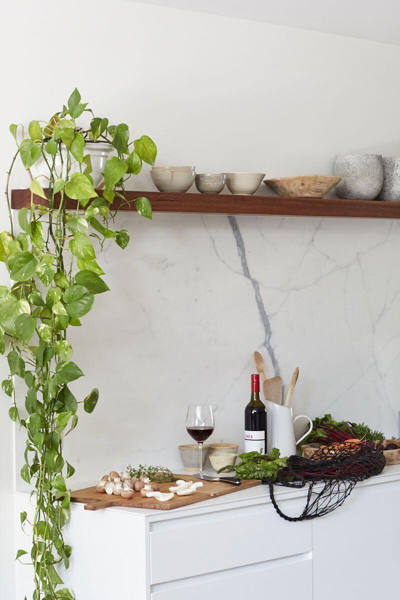 Open kitchen at The Chalet, Byron Beach Abodes with cascading greenery and handmade ceramics