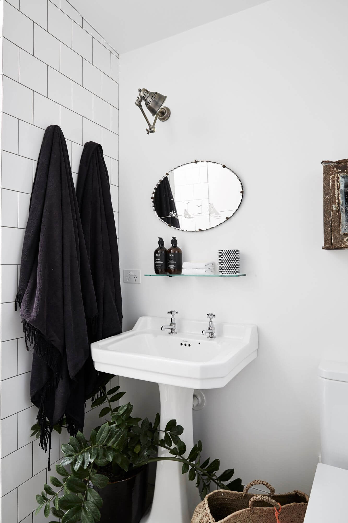 Ensuite at The Chapel, Byron Beach Abodes with vintage pedestal basin and etched mirror